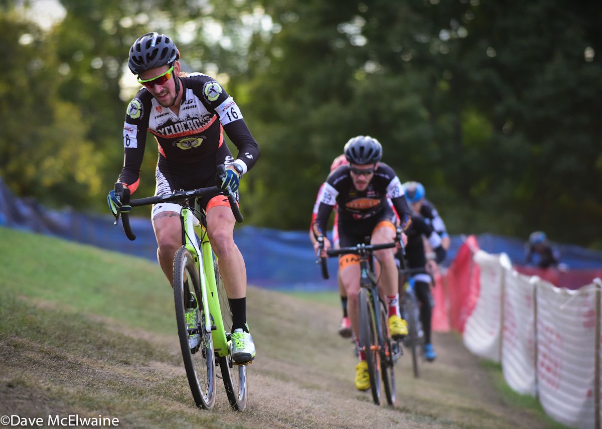 Andrew Dillman (Cyclocross Network Racing) riding an off-camber section of the course