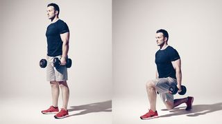 Man performs lunge holding dumbbells