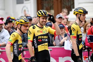 BALATONFURED HUNGARY MAY 08 Tom Dumoulin of Netherlands and Team Jumbo Visma during the team presentation prior to the 105th Giro dItalia 2022 Stage 3 a 201km stage from Kaposvr to Balatonfred Giro WorldTour on May 08 2022 in Balatonfured Hungary Photo by Stuart FranklinGetty Images