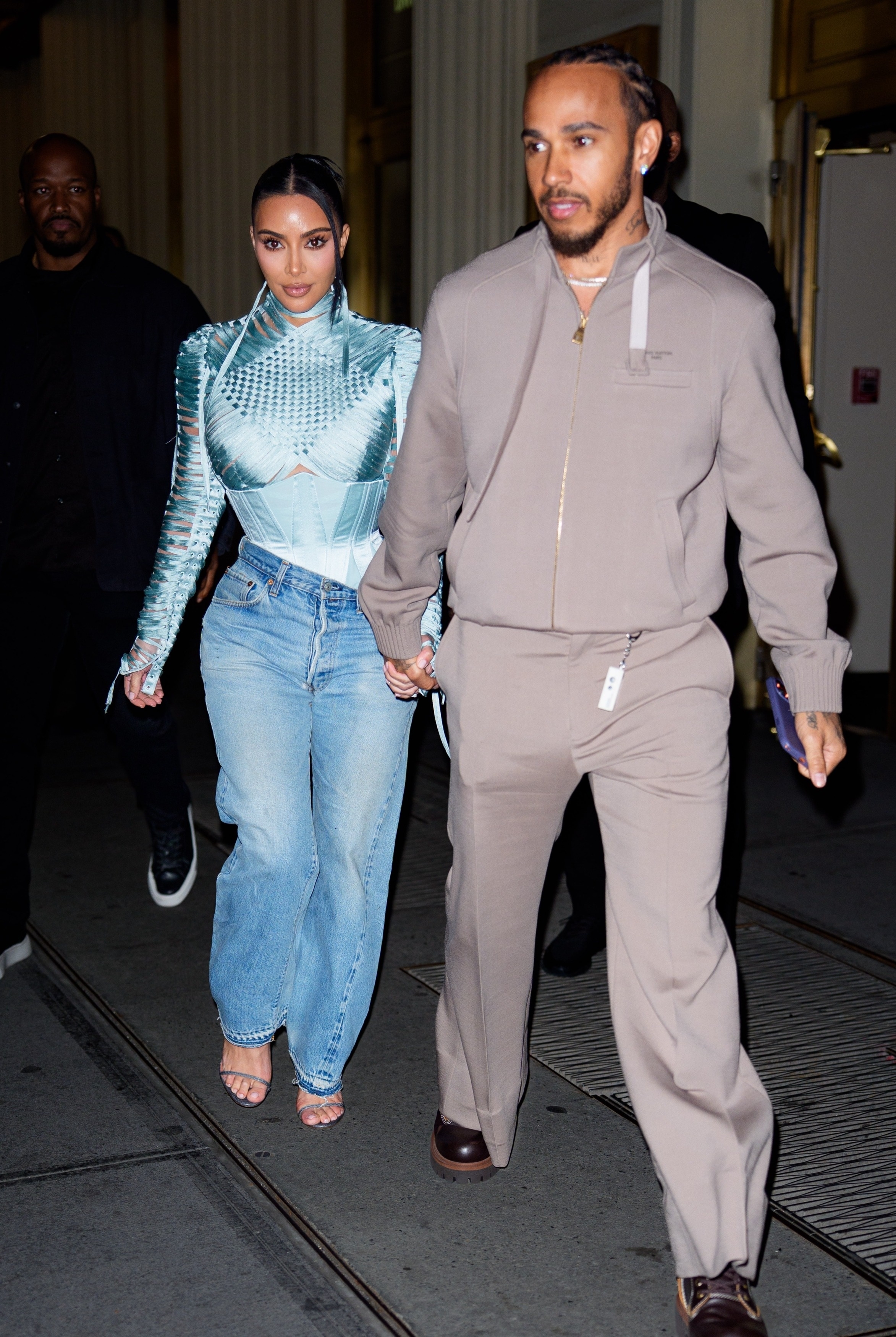 Kim Kardashian wore a cool-blue corset with high-rise jeans as her date night outfit