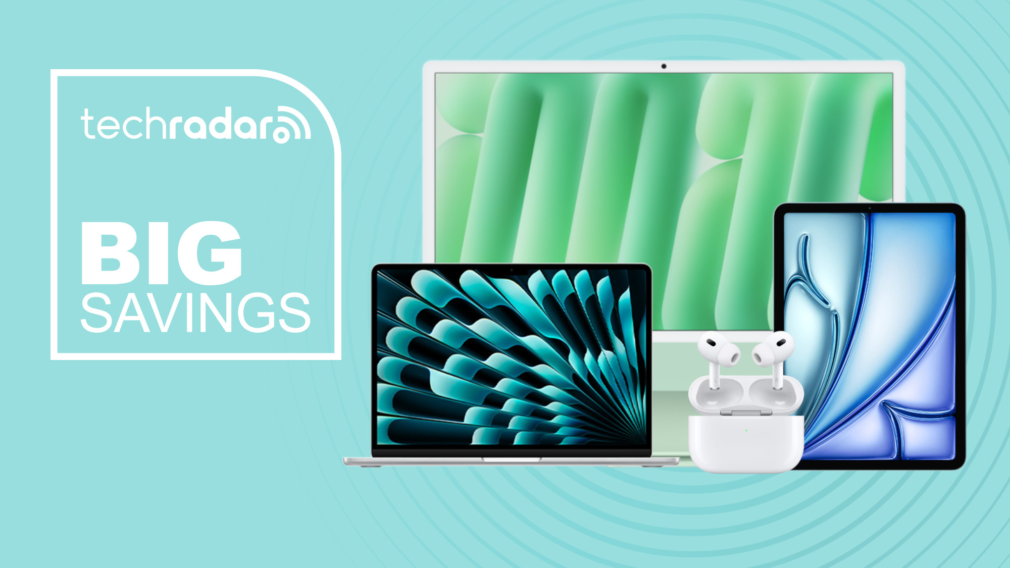 Apple iMac, MacBook Air, iPad Air, and AirPods Pro 2 arranged on blue background with big savings text overlay