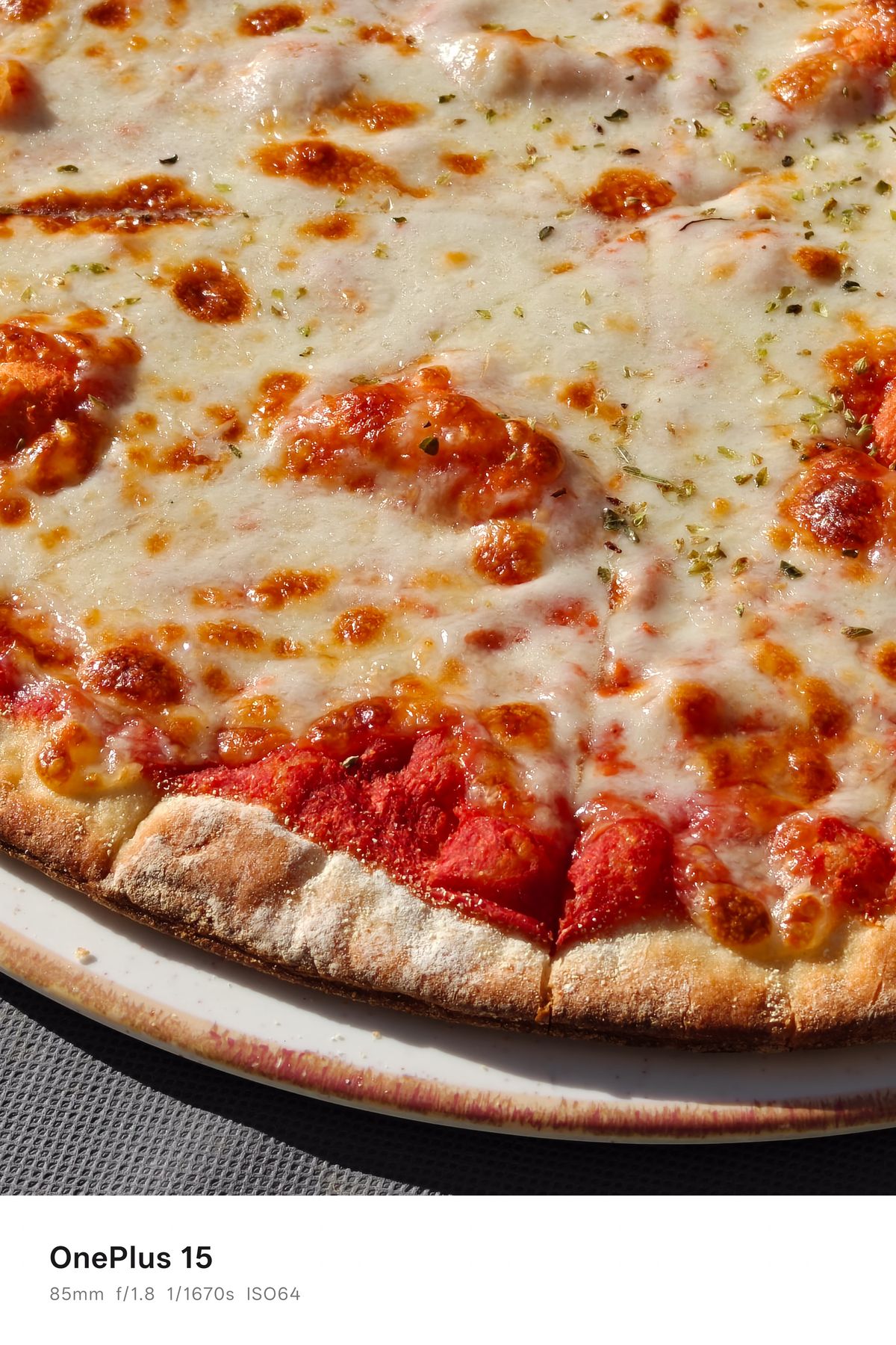 Close-up of a margarita pizza on a plate