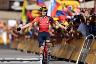 INEOS - Grenadiers' Spanish rider Carlos Rordriguez Cano cycles to the finish line to win the 14th stage of the 110th edition of the Tour de France cycling race, 152 km between Annemasse and Morzine Les Portes du Soleil, in the French Alps, on July 15, 2023. (Photo by Thomas SAMSON / AFP)
