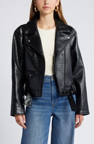 Belted oversized croc-embossed faux-leather moto jacket