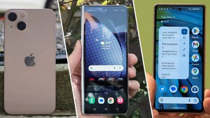 an image of the Samsung Galaxy Z Fold 5, Google Pixel 7a and iPhone 13