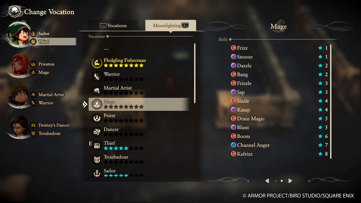 Exploring the class system in Dragon Quest 7 Reimagined and browsing the Vocations and Moonlighting menus