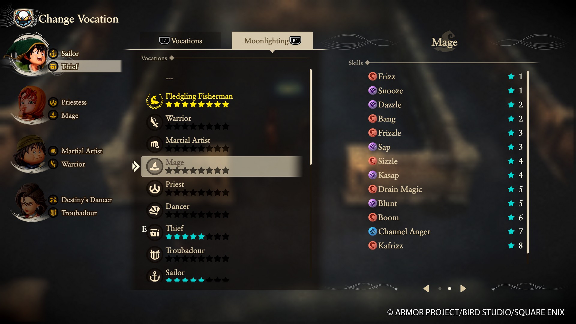 Exploring the class system in Dragon Quest 7 Reimagined and browsing the Vocations and Moonlighting menus