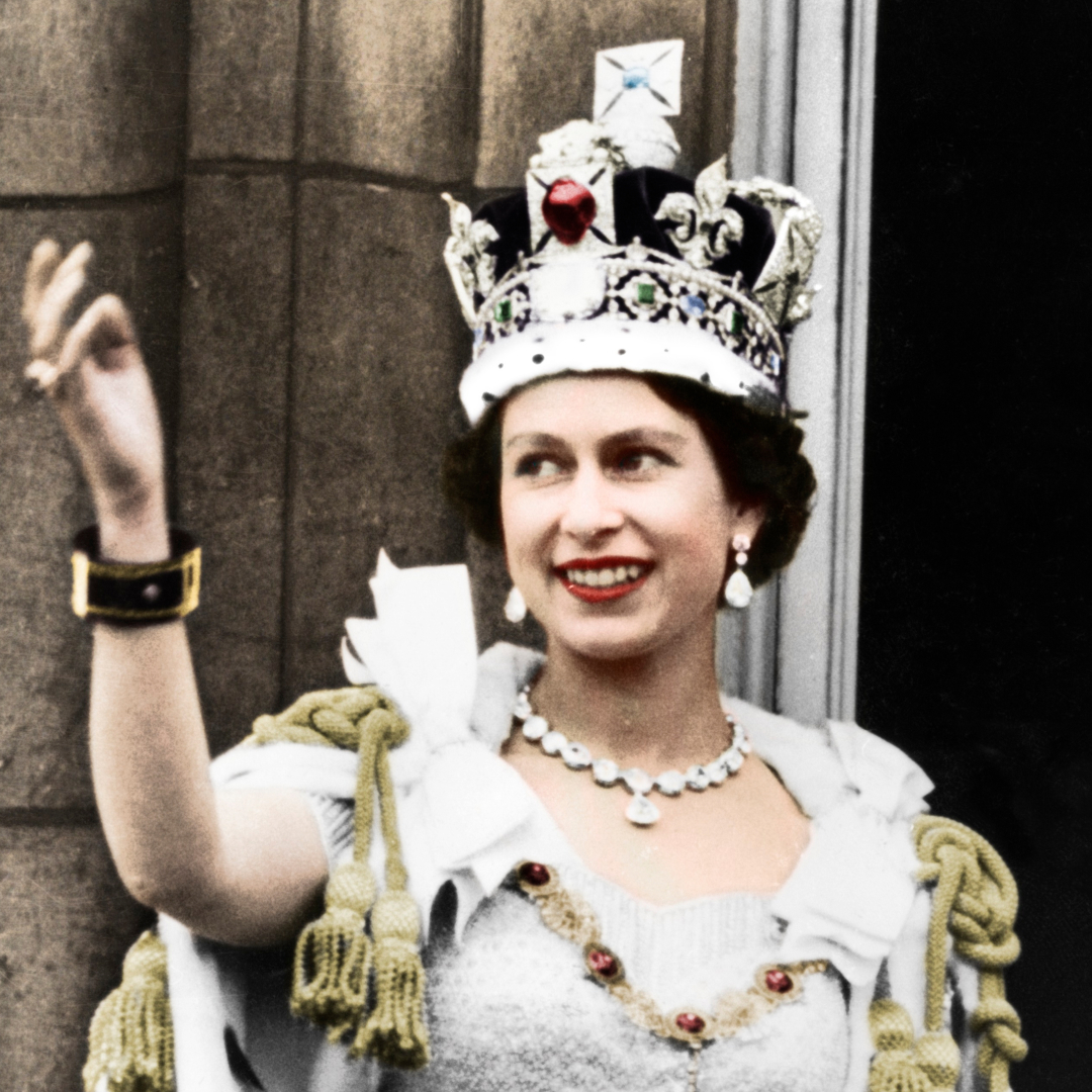 Queen Elizabeth waving on her coronation day