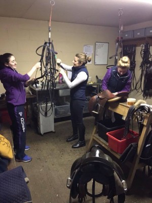Tack cleaning at 8am! l-r: Maddie Rushforth, Lucy Stokoe, Jade Watt