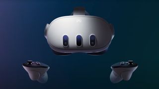 Meta Oculus Quest 3 flotando junto a sus controladores en un vacío oscuro