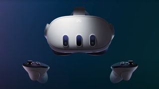 Meta Oculus Quest 3 flyder ved siden af ​​sine controllere i et mørkt tomrum