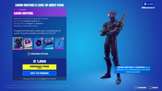 The rewards available for completing the Fortnite Level Up Tokens Axion Sentinel's Quest Pack