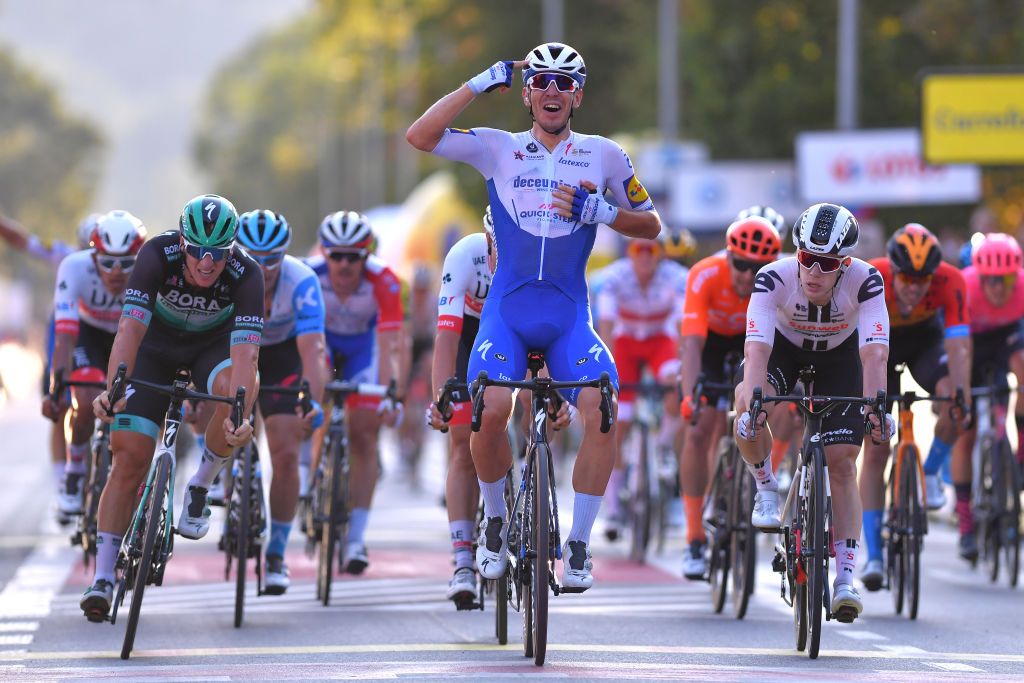 KRAKOW POLAND AUGUST 09 Arrival Pascal Ackermann of Germany and Team Bora Hansgrohe Davide Ballerini of Italy and Team Deceuninck QuickStep Celebration Alberto Dainese of Italy and Team Sunweb during the 77th Tour of Poland 2020 Stage 5 a 188km stage from Zakopane to Krakow TourdePologne tdp20 on August 09 2020 in Krakow Poland Photo by Luc ClaessenGetty Images