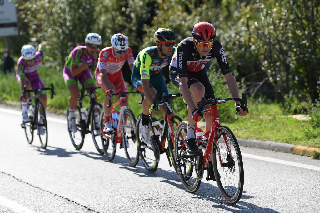 Mattia Bais (Androni Giocattoli-Sidermec), Fabio Mazzucco (Bardiani CSF Faizane), Francesco Romano (Bardiani CSF Faizane), Sander Armee (Lotto Soudal) and Marco Frapporti (Vini Zabu-KTM) make up the stage 11 breakaway at the Giro d'Italia