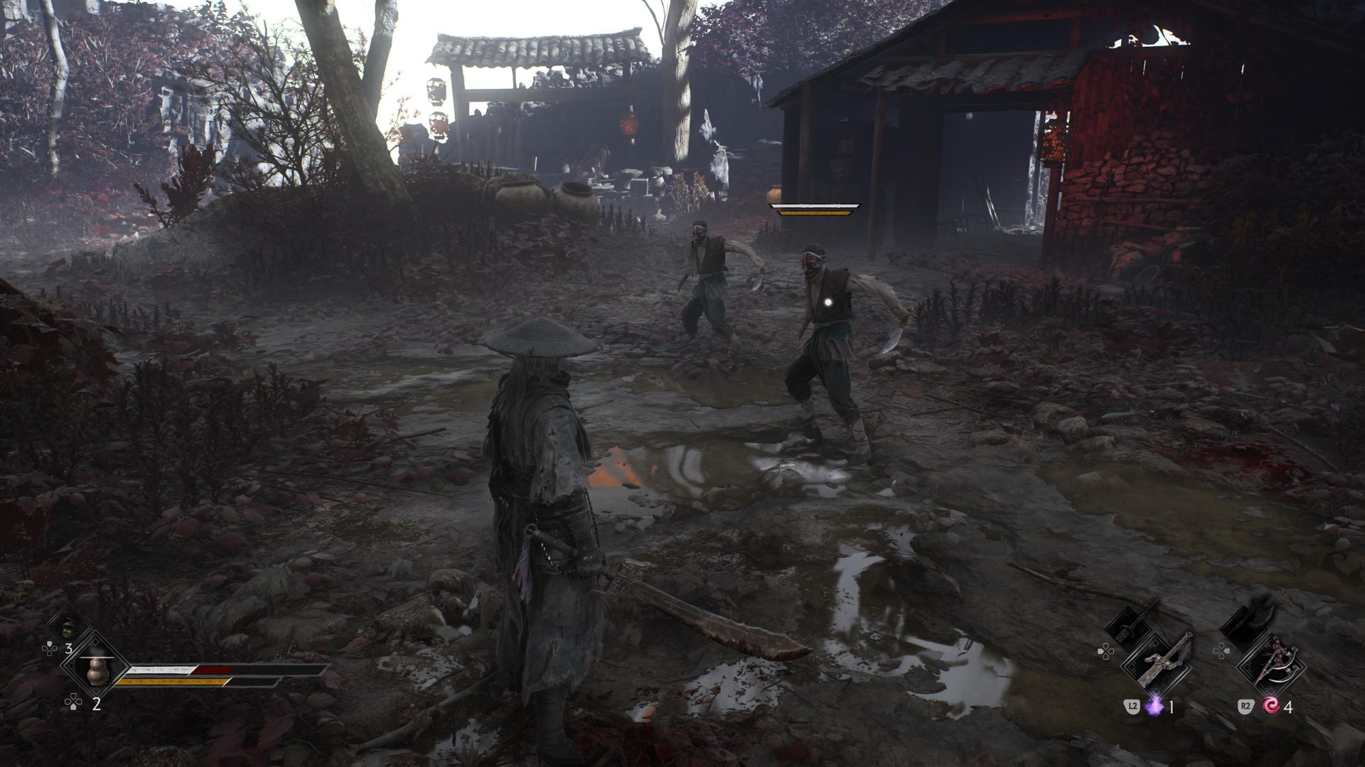 Combat in Phantom Blade Zero, with Soul facing two enemies wielding throwing daggers