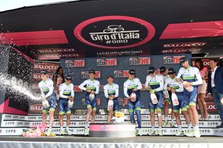 Orica-GreenEdge celebrates winning stage one of the 2015 Giro d'Italia