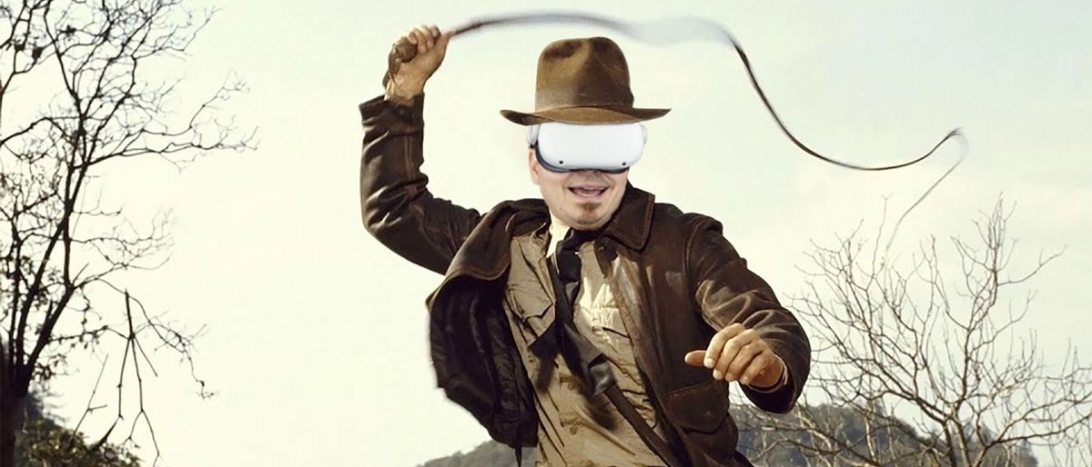 Wearing a Meta Quest 2 while dressed like Indiana Jones