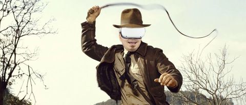 Wearing a Meta Quest 2 while dressed like Indiana Jones