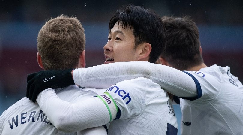 Timo Werner and Son Heung-min celebrate Tottenham&#039;s fourth goal against Aston Villa in the Premier League in March 2024.