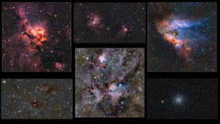 Six images of the Milky Way with different colors and star configurations. Some have gas tendrils, other are more speckled with sparkles.