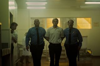 Mark Weiler as Officer, Evan Peters as Jeffrey Dahmer in episode 105 of Dahmer. Monster: The Jeffrey Dahmer Story