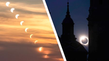 Multiexposure image of the total solar eclipse sunset in Mallorca, Spain. A view of the total solar eclipse with Catedral-Basilica de Nuestra Senora del Pilar in Zaragoza, Spain on August 12, 2026