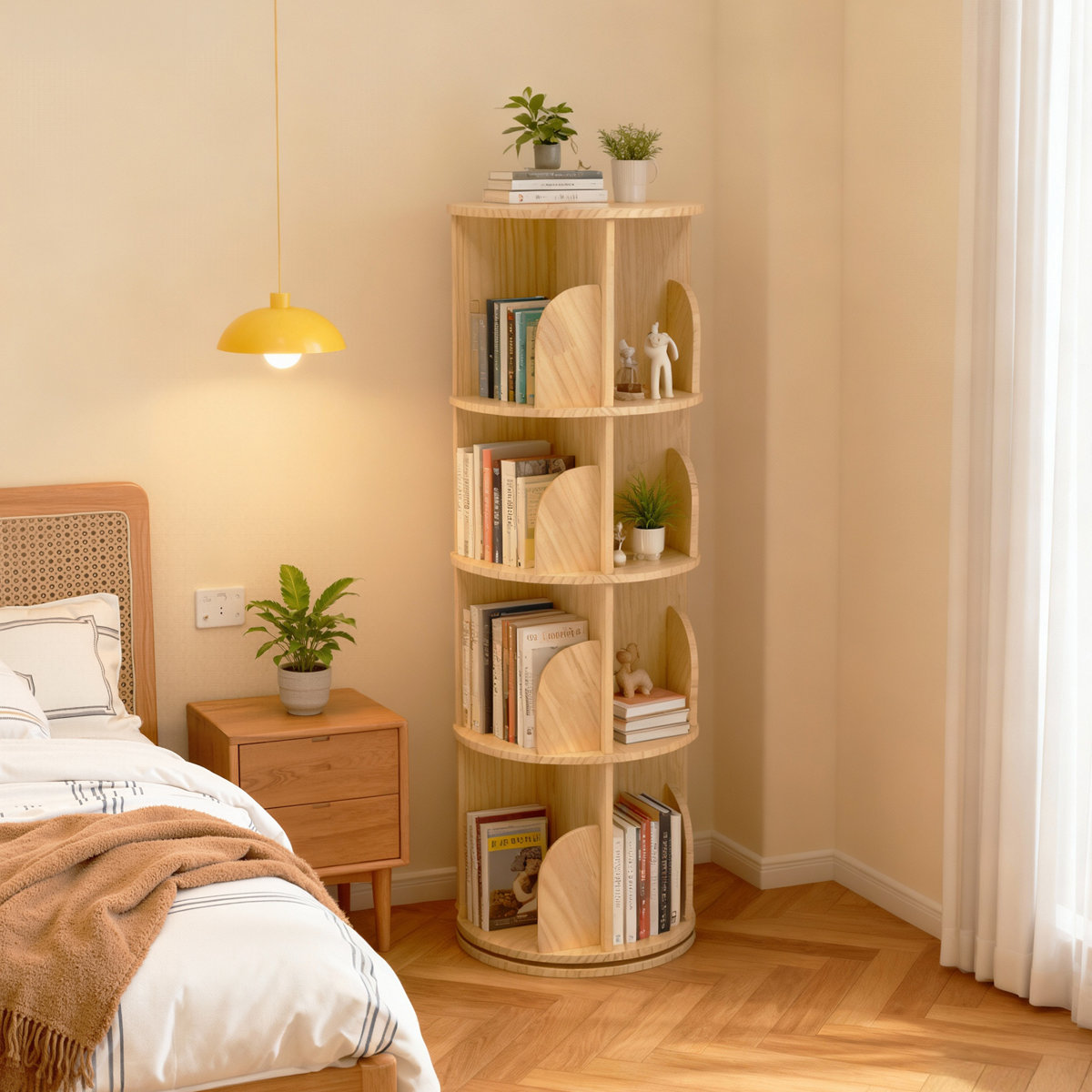 17 Stories Space-Saving 4-Tier 360&amp;deg; Rotating Bookshelf Tower &amp;ndash; Firm Wood Round Bookcase With Castors, Freestanding Corner Organizer for Office, Living Room, or Study , 39x39x129cm, 4 Layers | Wayfair.co.uk
