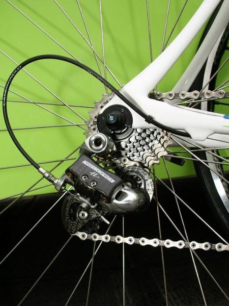 The new Record rear derailleur's stiffer body may have offered improved shifting on the bumps.