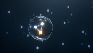 Artist's illustration showing a gluon appearing as a bubble around a quark, holding it together. 