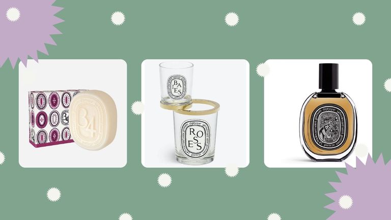 Diptyque Cyber Monday deals on a green background including 34 soap, second life candle holder and tempo eau de parfum