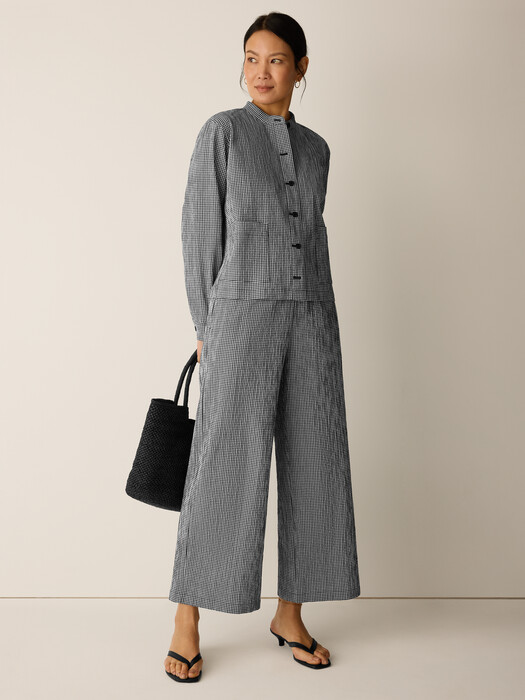 Organic Cotton Pucker Check Wide-Leg Pant