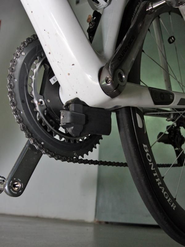 Trek's trick Dura-Ace Di2 integration kit includes a bottom bracket-located mount for the battery.