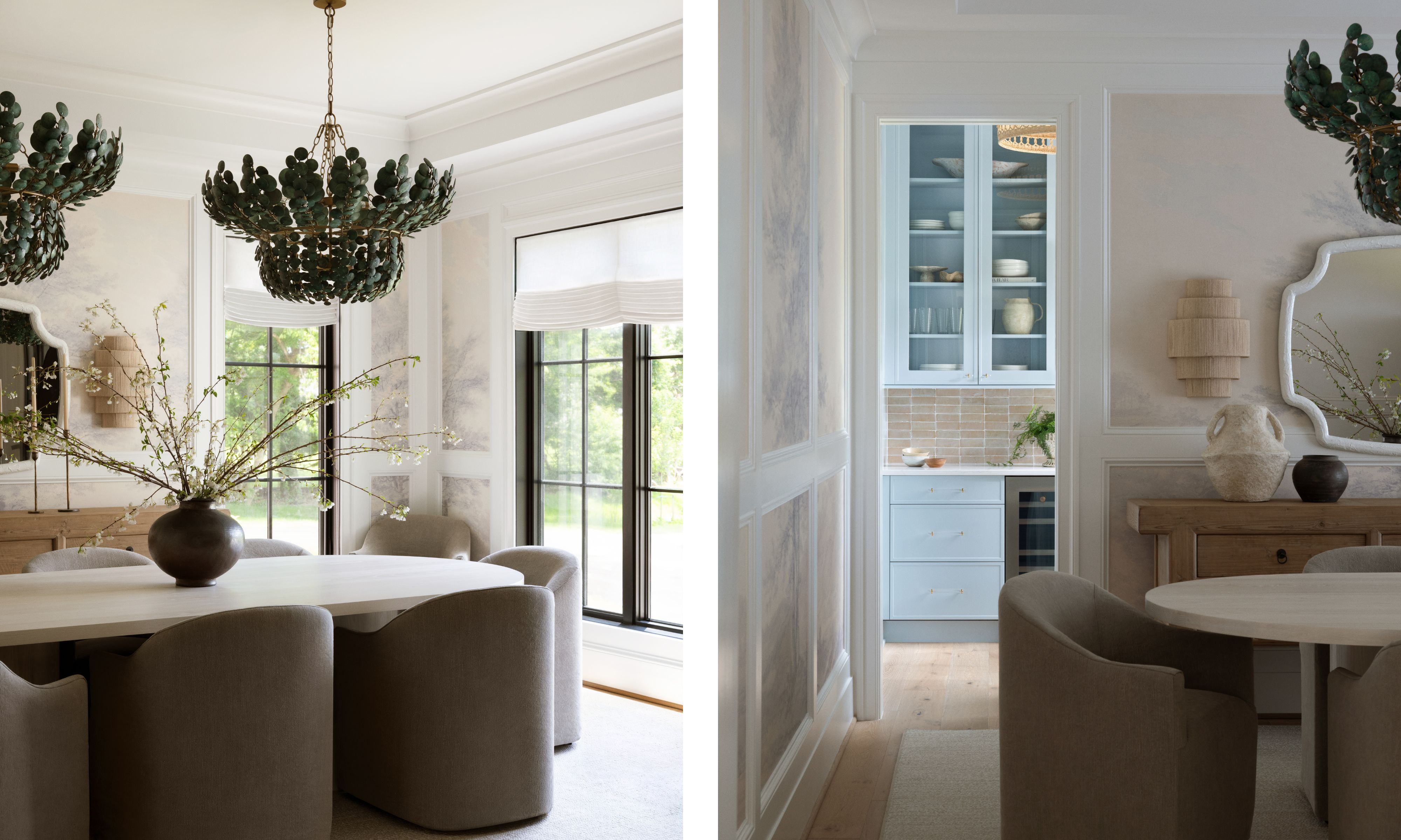 Left image: A formal dining space with a round table, curved beige velvet chairs, and a striking dark green leaf-patterned chandelier. Right image: A view looking through a doorway into a light blue butler&amp;rsquo;s pantry with glass cabinets and a wine fridge, framed by soft landscape-patterned wallpaper.