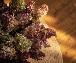 Dried hydrangea branches in a wicker basket on a wooden floor