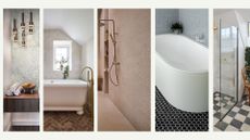 compilation of five key bathroom trends 2024 including spa details, quiet luxury design, curves, textured tiles and frameless shower screens