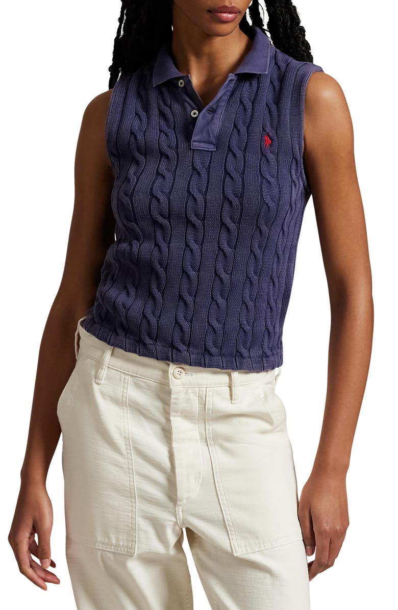Cable Sleeveless Cotton Polo Sweater