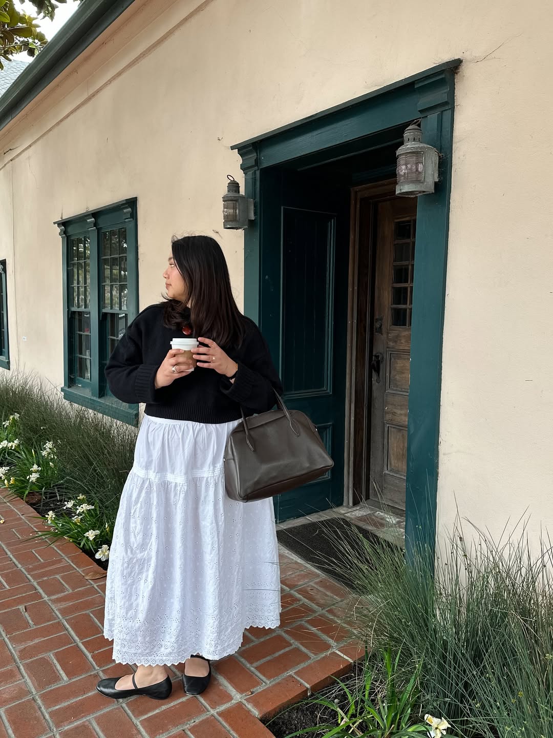 Black flats and white skirt outfit