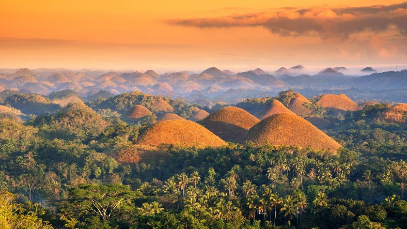View of the Chocolate Hills at sunset.