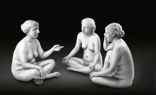 Three white, nude women sitting cross-legged in a black space