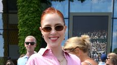 Angela Scanlon wearing pink and white at Wimbledon