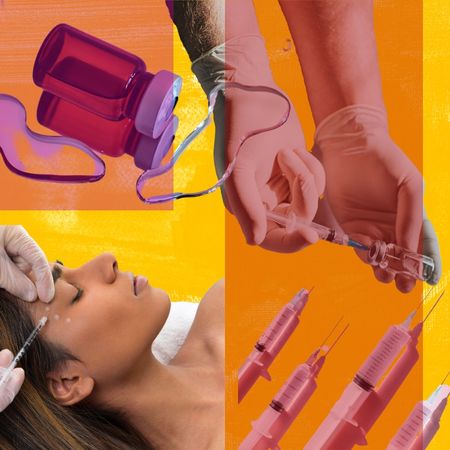 collage of needles and a woman getting botox in yellow, pink, and orange