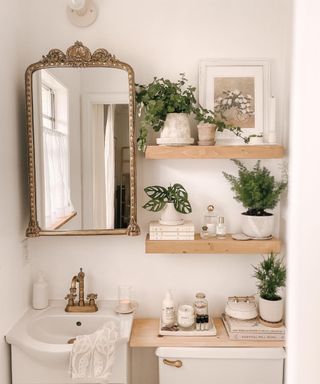An image of neautral colored bathroom with a basin sink, gold rimmed mirror, and wooden shelves with plants and decor on