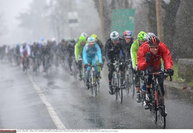 A BMC rider leads the peloton through the snow