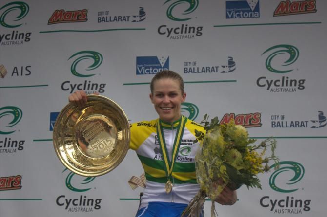 Kimberley Wells poses with her 2015 national criterium gold pan and jersey