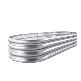 A long curved silver planter with ridges on the side of it