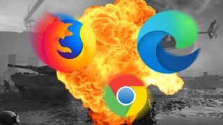Browser wars: Chrome vs. Edge. vs. Firefox, logos set against a warzone scene with fire and tanks