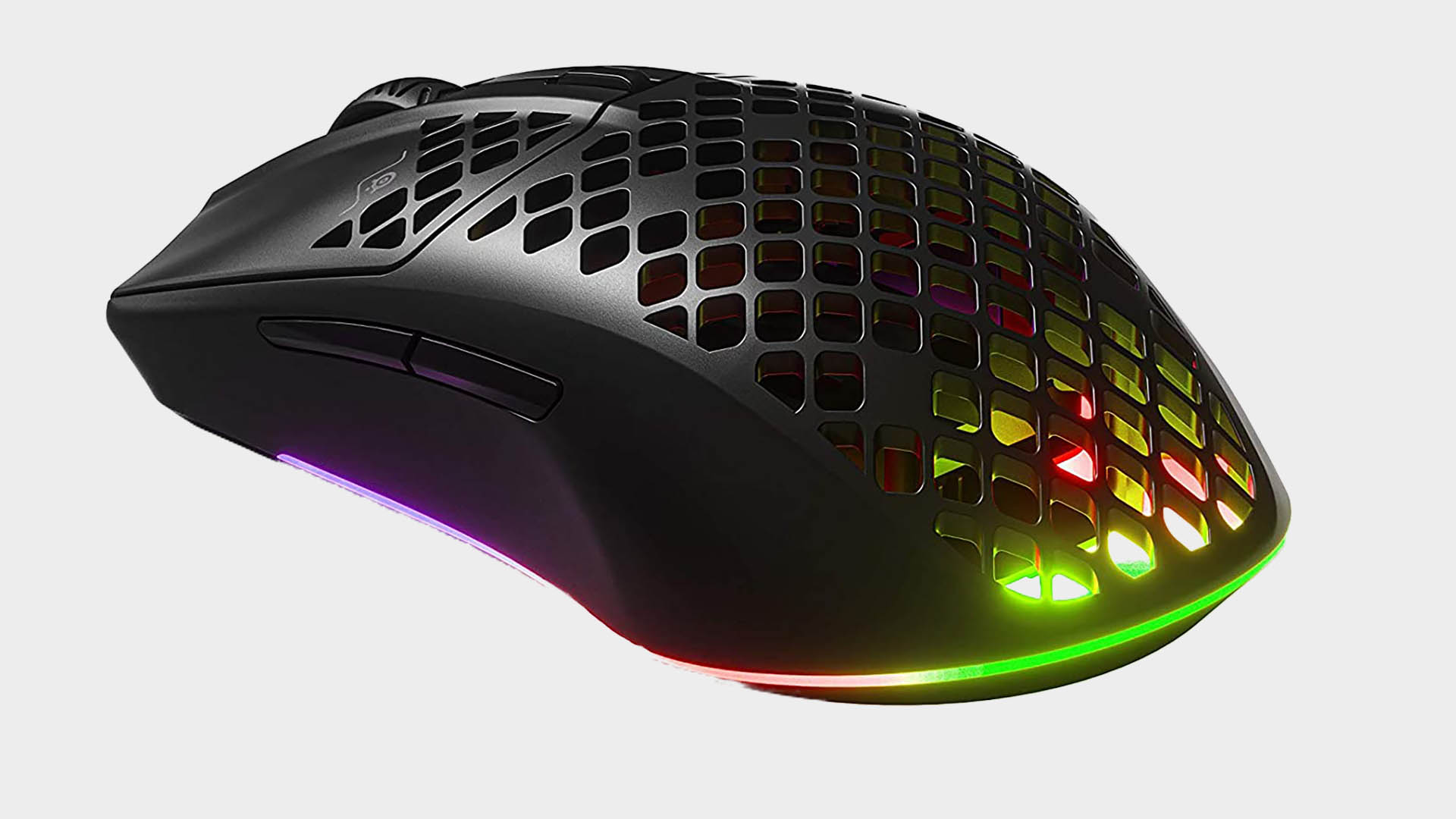SteelSeries Aerox 3 Wireless gaming mouse from various angles on light grey background