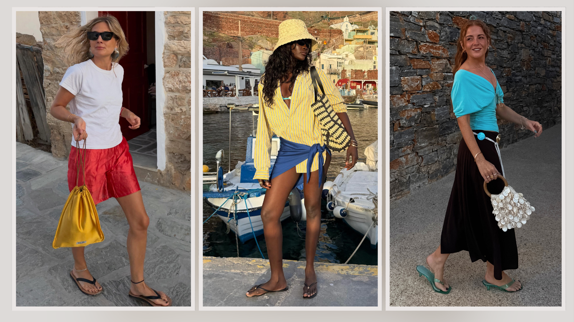 Influencers Amy Julliette Lefévre, Lucy Williams and Rebecca Ferraz Wyatt wearing Greek holiday outfits. 
