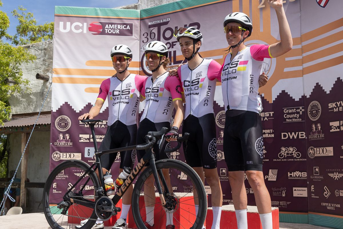 Men's Team GC podium CS Velo (l to r): Kieran Haug, Taylor Warren, Drake Deuel, and William Cooper