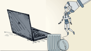 Drawing of a MacBook and robot being put into a bin